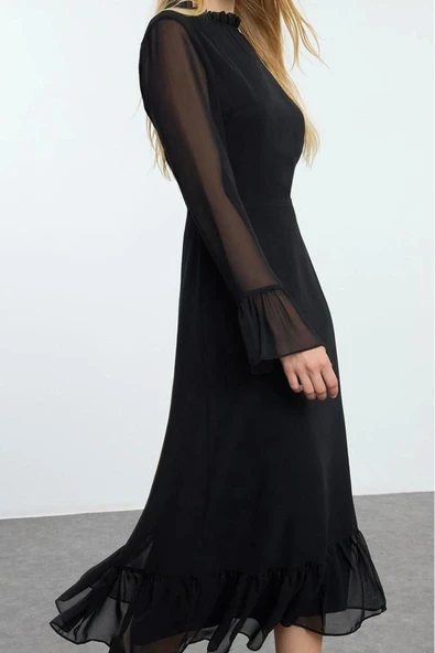Moda Stil Regular Dik Yaka Midi Boy Desenli A Kesim Astarlı Şifon Dokuma Kışlık Elbise