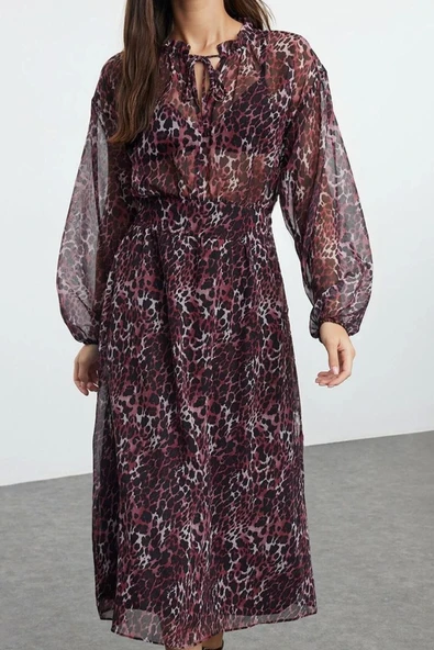 Moda Stil Regular Bisiklet Yaka Midi Boy Çiçekli Eteği Belden Açılan Astarlı Dokuma Kışlık Elbise - 4