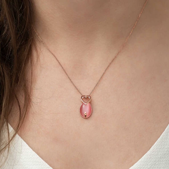 925 Ayar Gümüş Pembe Kedi Gözü Taşlı Kalp Kolye - 2