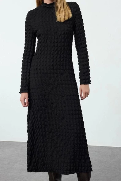 Moda Stil Regular Bisiklet Yaka Maxi Boy Düz Dokulu A-Line Esnek Örme Elbise
