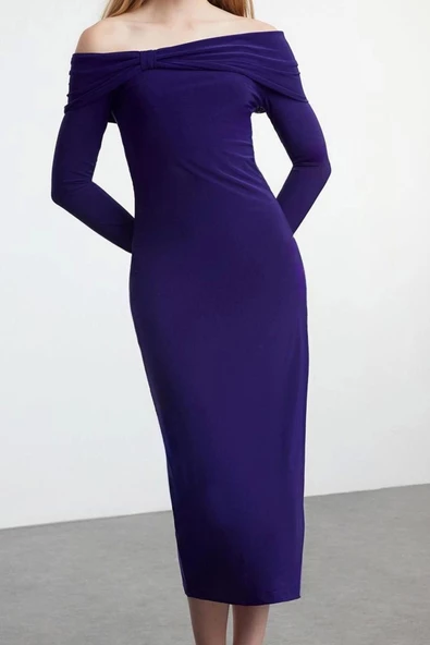 Moda Stil Slim Carmen Yaka Midi Boy Fitted Vücuda Oturan Esnek Örme Elbise