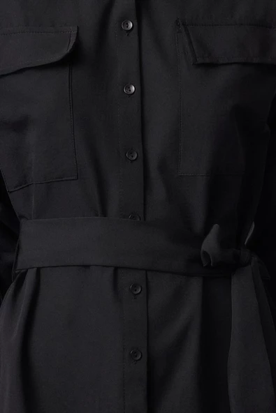 Moda Stil Regular Gömlek Yaka Mini Boy Cep ve Büzgü Detaylı Dokuma Gömlek Elbise - Resim 2