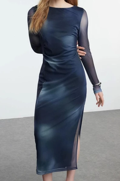 Moda Stil Slim Kayık Yaka Maxi Boy Soyut Desenli Fitted Vücuda Oturan Tül Esnek Örme Elbise - 4