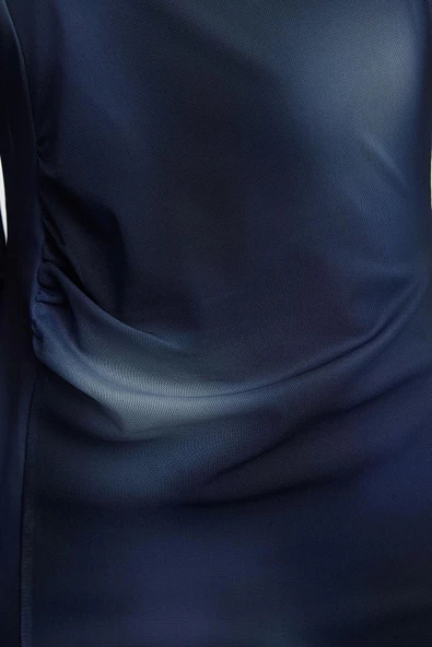 Moda Stil Slim Kayık Yaka Maxi Boy Soyut Desenli Fitted Vücuda Oturan Tül Esnek Örme Elbise - 2