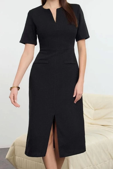 Moda Stil Regular Bisiklet Yaka Midi Boy Kuşaklı A Kesim Tüvit Dokuma Elbise - 4