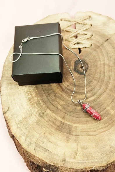 Rodokrozit Doğal Taşı Zincirli El Yapımı Tasarımlı Kolye Uç: 3,5 cm Zincir: 20 cm Kutulu - 3