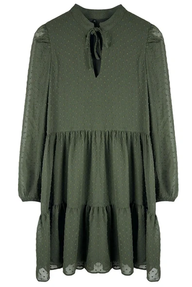 Moda Stil Regular Dik Yaka Mini Boy Düz Geniş Kesim Puantiye Şifon Kumaşlı Dokuma Kışlık Elbise - 3