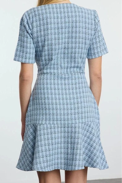 Moda Stil Regular Bisiklet Yaka Mini Boy Eteği Belden Açılan Tüvit Dokuma Elbise - 5