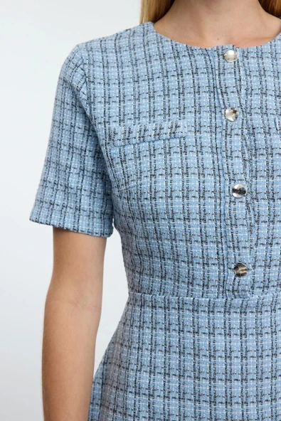 Moda Stil Regular Bisiklet Yaka Mini Boy Eteği Belden Açılan Tüvit Dokuma Elbise - 2