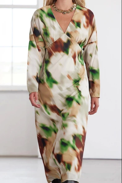 Moda Stil Regular V Yaka Maxi Boy Limited Edition A Kesim Çiçekli Dokuma Elbise