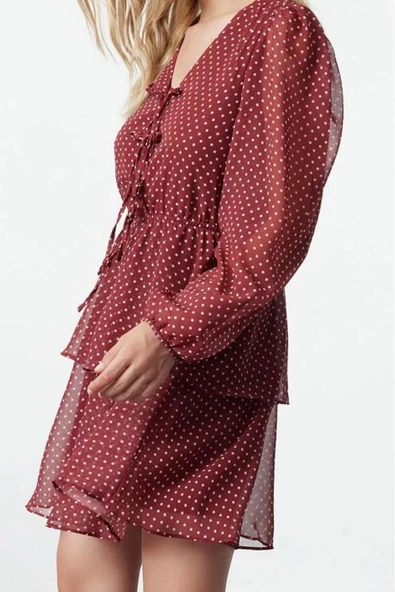 Moda Regular V Yaka Mini Boy Desenli Eteği Belden Açılan Fiyonk Yaka Detaylı Şifon Dokuma Elbise - 4