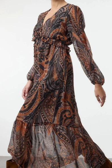 Moda Stil Regular V Yaka Midi Boy Fırfırlı Astarlı Şifon Dokuma Elbise - 4