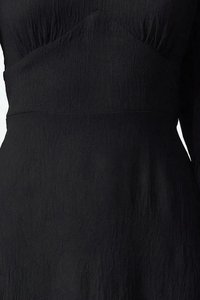 Moda Stil Regular V Yaka Midi Boy Belden Açılan Korsaj Detaylı Dokuma Elbise - Resim 4