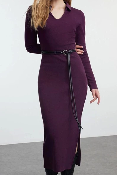 Moda Stil Fitted V Yaka Midi Boy Düz Polo Yaka Bodycone Vücuda Oturan Örme Elbise