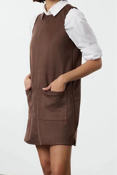 Moda Stil Relaxed Bisiklet Yaka Mini Boy Düz Düz Cep Detaylı A line Çan Kesim Örme Elbise
