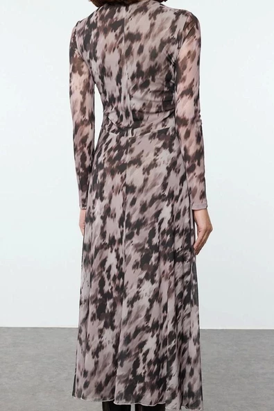 Moda Stil Regular Bisiklet Yaka Maxi Boy Baskılı Büzgü Drape Örme Elbise - 5