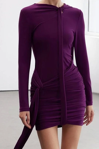 Moda Stil Regular Dik Yaka Mini Boy Fırfır Detaylı Bodycone Vücuda Oturan EsnekÖrme Elbise