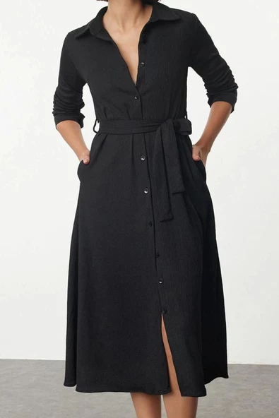 Moda Stil Regular Polo Yaka Midi Boy Bürümcük Shift Kuşaklı Uzun Kollu Esnek Örme Elbise - 2