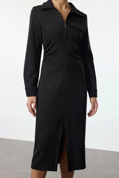 Moda Stil Regular Gömlek Yaka Midi Boy lı Fitted Vücuda Oturan Dokuma Elbise