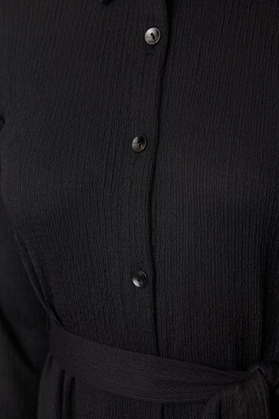 Moda Stil Regular Polo Yaka Midi Boy Bürümcük Shift Kuşaklı Uzun Kollu Esnek Örme Elbise - 5