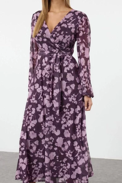Moda Stil Regular Kruvaze Maxi Boy Çiçekli Örme Elbise Çiçekli Anvelop Shift Balon Kol