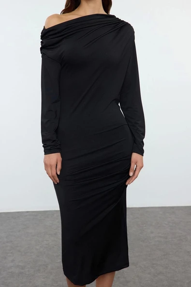 Moda Stil Slim Asimetrik Yaka Midi Boy Fitted Vücuda Oturan Örme Elbise