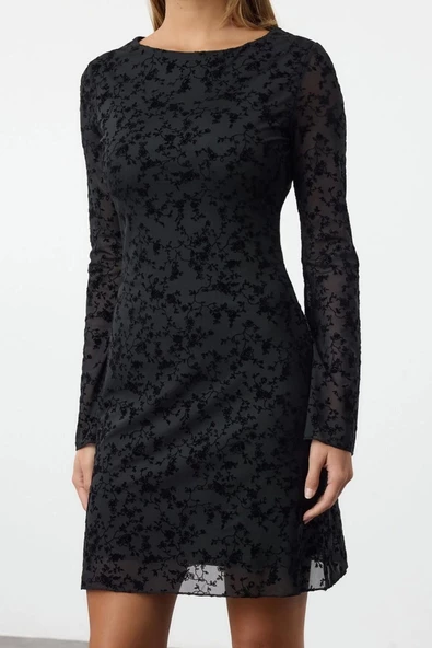 Moda Stil Slim Kayık Yaka Mini Boy Flok Baskılı Vücuda Oturan Örme Elbise - 3