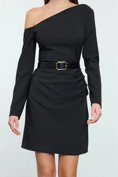 Moda Stil Regular Asimetrik Yaka Mini Boy Dokuma Elbise