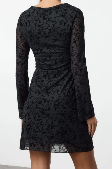 Moda Stil Slim Kayık Yaka Mini Boy Flok Baskılı Vücuda Oturan Örme Elbise - 5