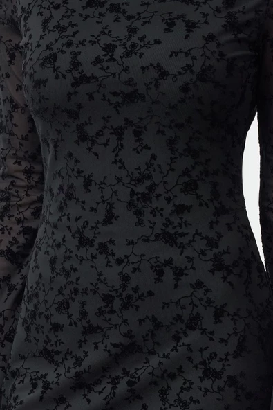 Moda Stil Slim Kayık Yaka Mini Boy Flok Baskılı Vücuda Oturan Örme Elbise - 2