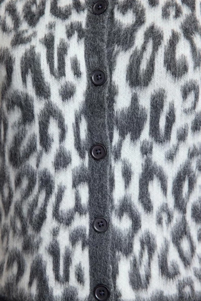 Stil Modern Kadın Regular Standart Kol Bisiklet Yaka Leopar Desenli Triko Hırka - 4
