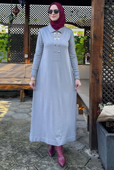 Sema Triko Elbise Gri - Resim 7