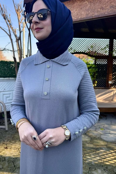 Ayla Triko Elbise Gri - Resim 4