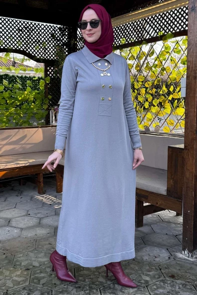 Sema Triko Elbise Gri - Resim 4