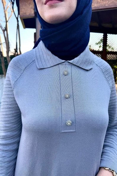 Ayla Triko Elbise Gri - Resim 6