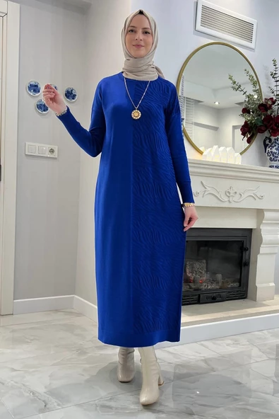 Zebra Desen Triko Elbise Saks - Resim 7