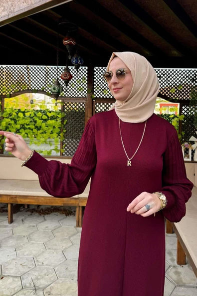 Ecem Bordo Triko Elbise - Resim 7