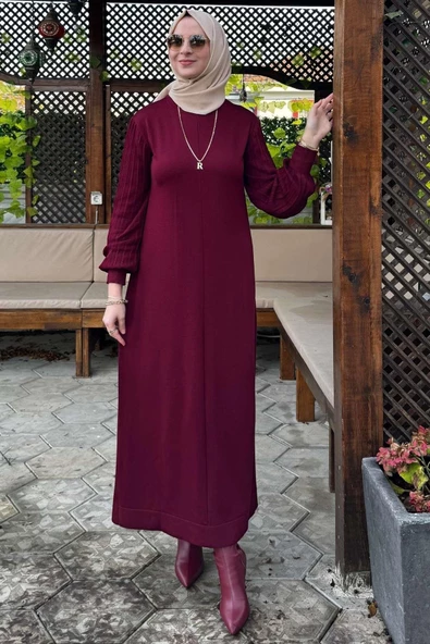 Ecem Bordo Triko Elbise - Resim 3