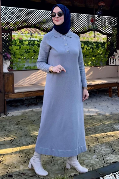 Ayla Triko Elbise Gri - Resim 2
