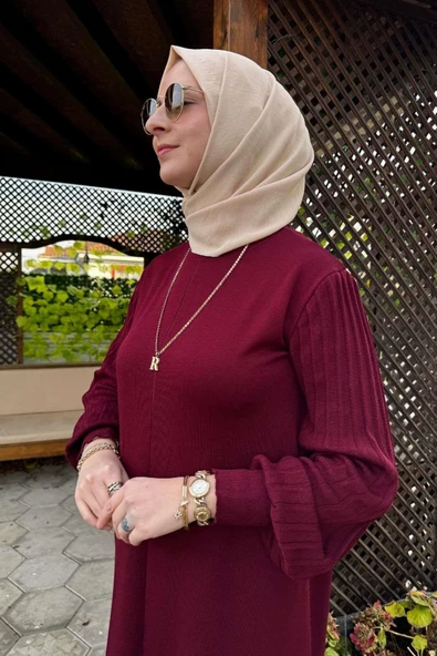Ecem Bordo Triko Elbise - Resim 4