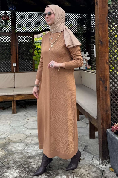 Zebra Desen Triko Elbise Camel - 8