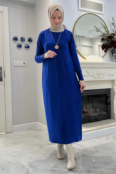 Zebra Desen Triko Elbise Saks - Resim 6