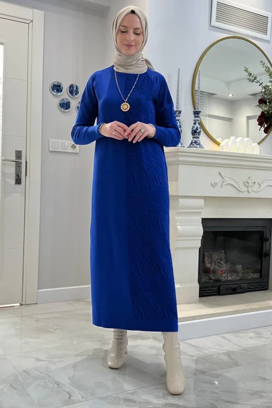 Zebra Desen Triko Elbise Saks - Resim 9