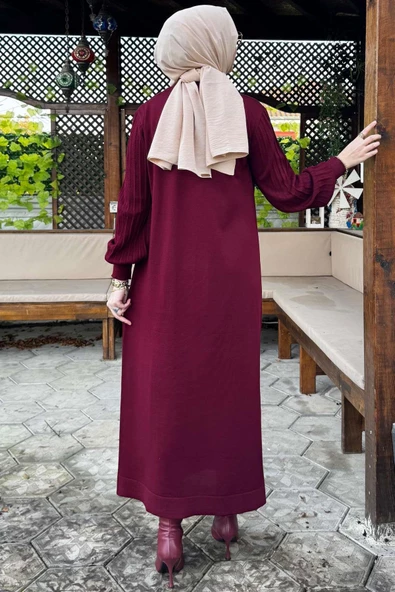 Ecem Bordo Triko Elbise - Resim 8