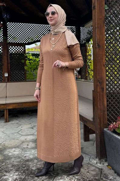 Zebra Desen Triko Elbise Camel - 5
