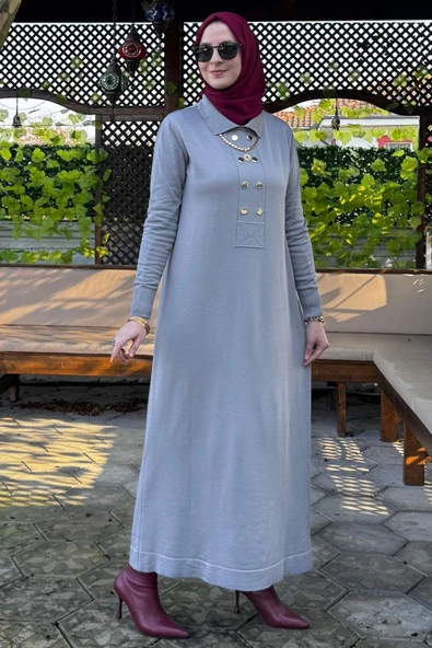 Sema Triko Elbise Gri - Resim 5