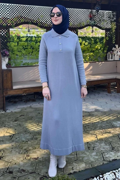 Ayla Triko Elbise Gri - Resim 5