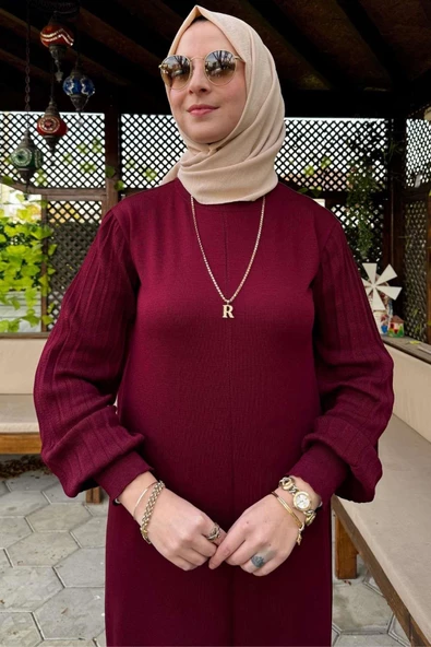 Ecem Bordo Triko Elbise - Resim 2