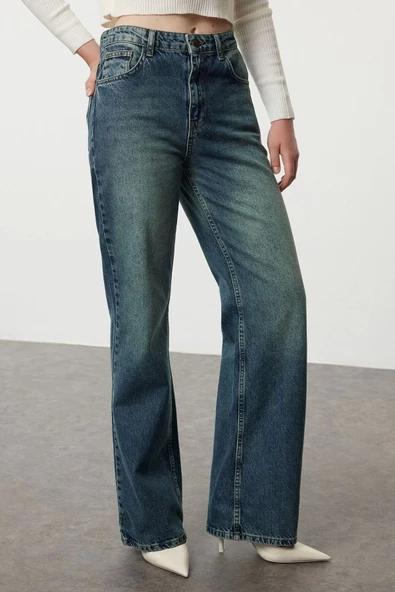 Stil Kadın Moda Denim Kot Pantolon Uzun Geniş Paça Mavi Soluk Vintage Yüksek Bel Jeans - 2
