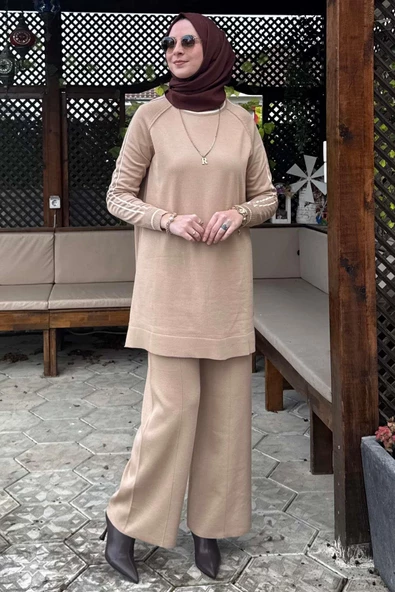 Yıldız Pantolonlu Triko Takım Bej - 3